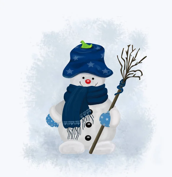 Mavi şapkalı rahat bir kardan adam ve karlı arka planda süpürgesi olan mavi bir eşarp.. — Stok fotoğraf