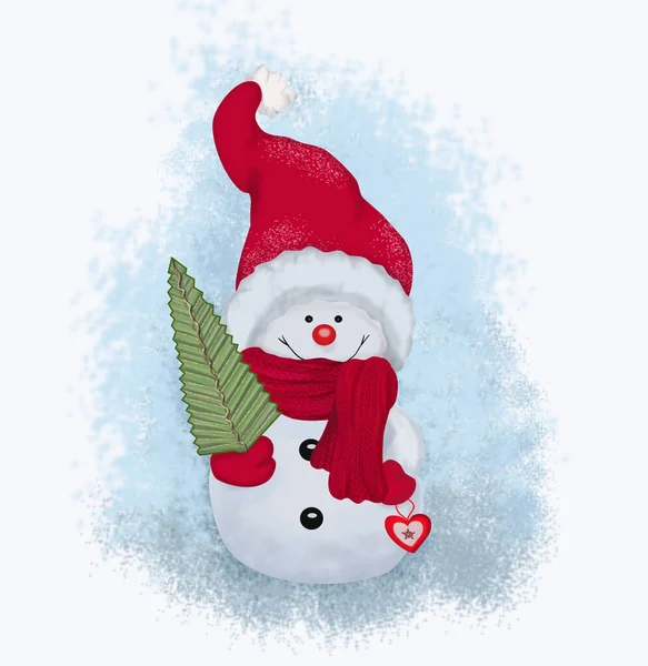 Şapkalı ve atkılı şirin bir kardan adam. Elinde Noel ağacı var.. — Stok fotoğraf