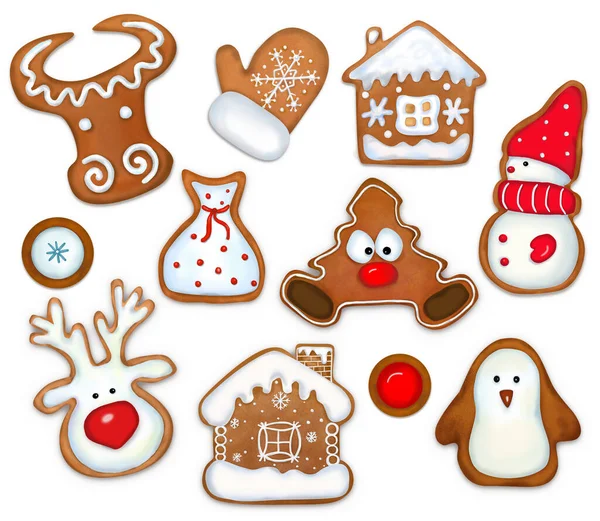 Christmas cookies with Christmas characters, bull, deer, snowman, herringbone, mitten, penguin — Stock Photo, Image