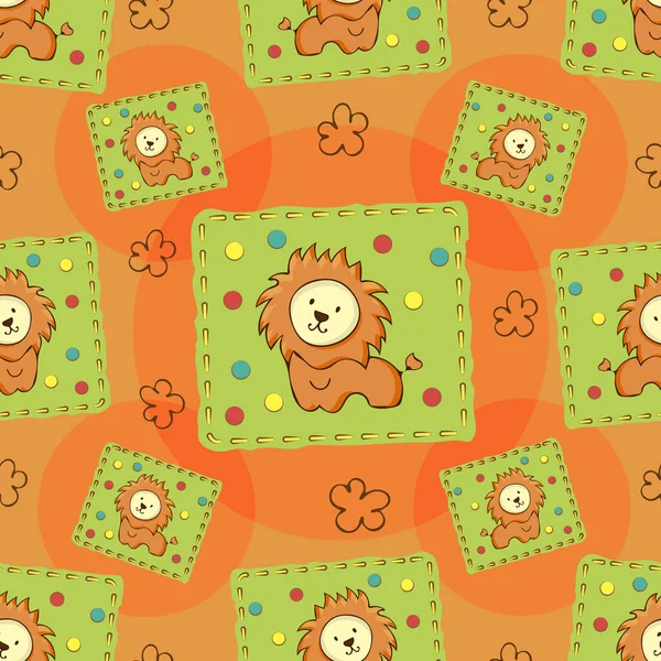 WebSeamless patrón, infantil. León sobre un mosaico verde, fondo naranja. Vector — Vector de stock