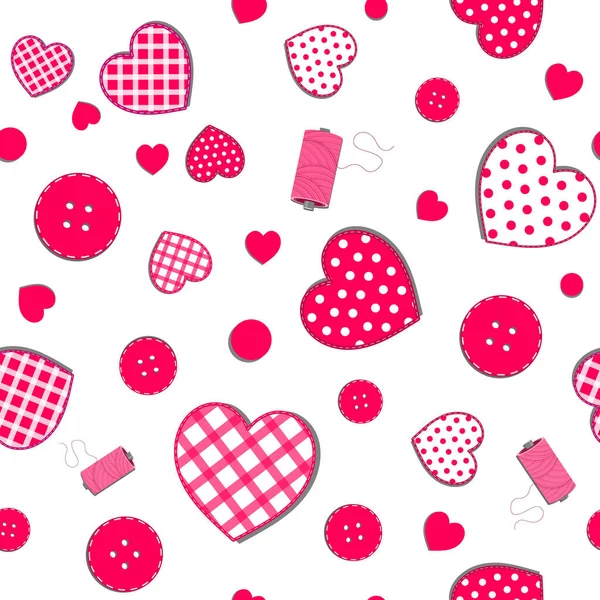 Cheerful seamless pattern with hearts and sewing threads. — Stock Vector