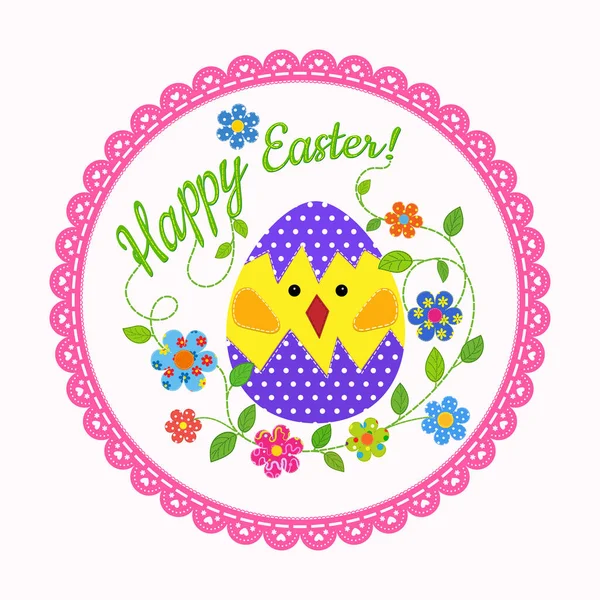 Pasen Kaart Patchwork Stijl Kip Een Bloemen Inscriptie Happy Easter — Stockvector