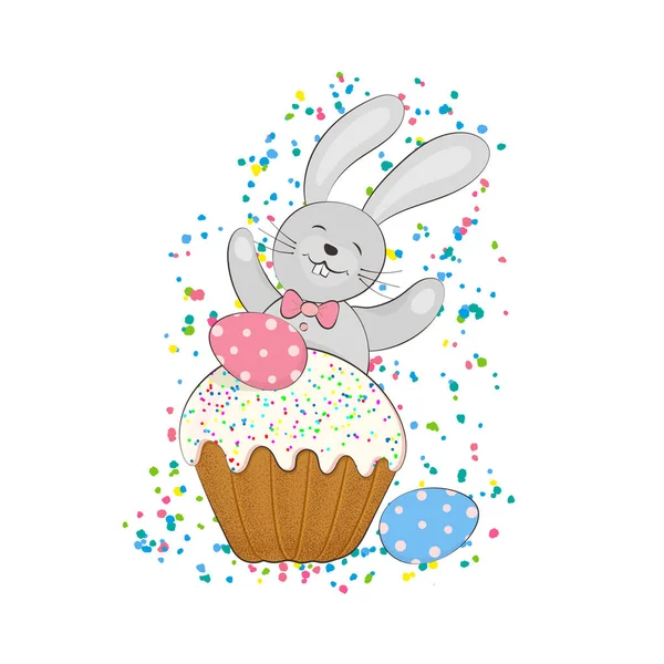 Ilustración Pascua Con Conejito Divertido Pastel Pascua Huevos Decorados — Vector de stock