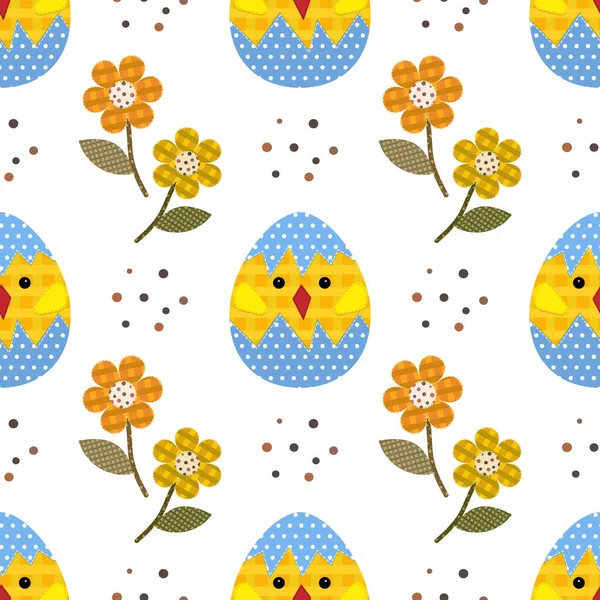 Muster Mit Hühnern Und Blumen Patchwork Stil Für Festliche Verpackungen — Stockvektor