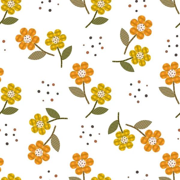 Yellow Brown Patchwork Flowers Patchwork Style Seamless Background — Stock Vector