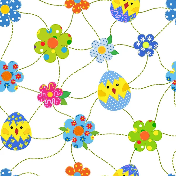 Seamless Easter Pattern Patchwork Hens Chickens Egg Patchwork Style — Stock Vector