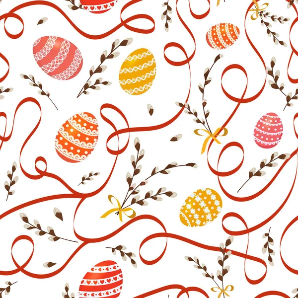 Seamless Easter Pattern Decorated Easter Eggs Pussy Willow Branches Red — Vector de stock