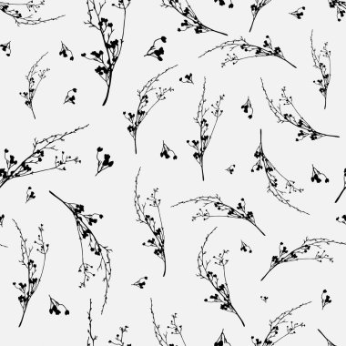 Beyaz arka planda siyah kır çiçekleri siluetleri olan kusursuz bir desen..