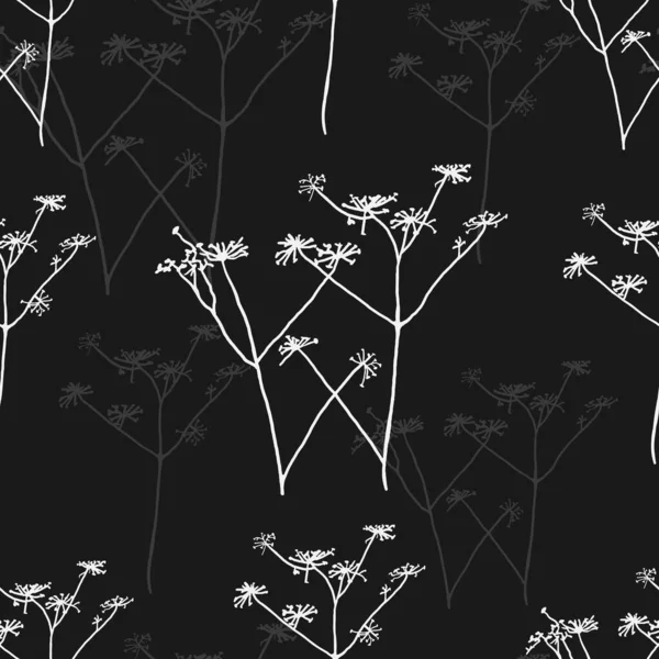 Feld Gras Weiße Silhouette Auf Schwarzem Hintergrund Nahtlosem Muster — Stockvektor