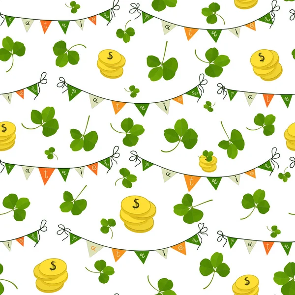 Pattern Flags Shamrock Leaves Gold Coins Colors Irish Flag Seamless — Vector de stock