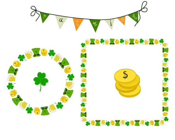 Frame Square Green Hat Beer Mug Gold Coins Well Banners — Vector de stock