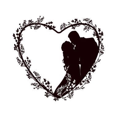 Öpüşen bir çiftin silueti. Kalplerinde çiçeklerle süslenmiş bir çift. Mesajın için boş bir yer..