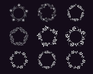 Bitki elementlerinin monogramları için bir dizi botanik çerçeve