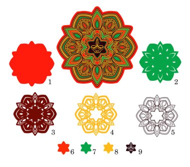 Üç boyutlu mandala Diwali mumu. Kağıt kesme veya makine kesimi için katmanlı elementler.