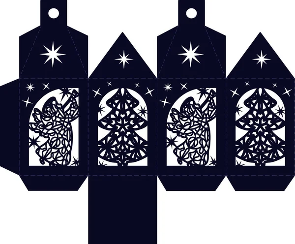 Lanterne Décorative Noël Avec Des Anges Des Arbres Noël Pochoir — Image vectorielle