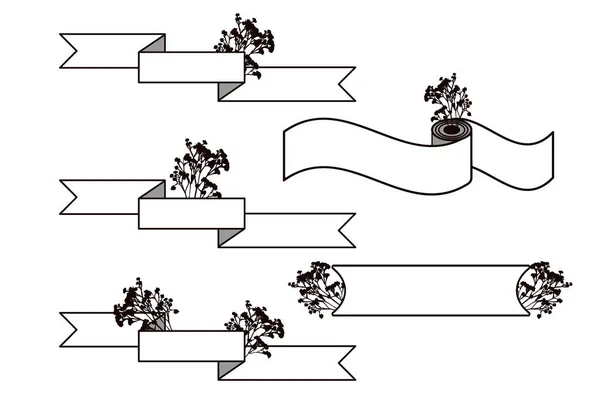 Ensemble Rubans Horizontaux Bannières Rectangulaires Avec Silhouettes Fleurs — Image vectorielle