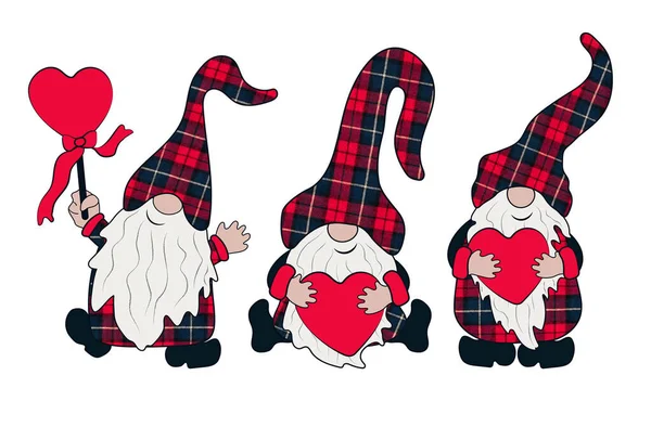 Cheerful gnomes are holding a red heart. Can be used as stickers, decorative element, magnets, cut out and turned into decorations, used as a figured postcard glued to fabric