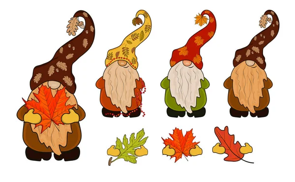 Sonbahar Yapraklı Gnomelar Llüstrasyon Yapıcı Bir Grup Cüce Ögeler — Stok Vektör