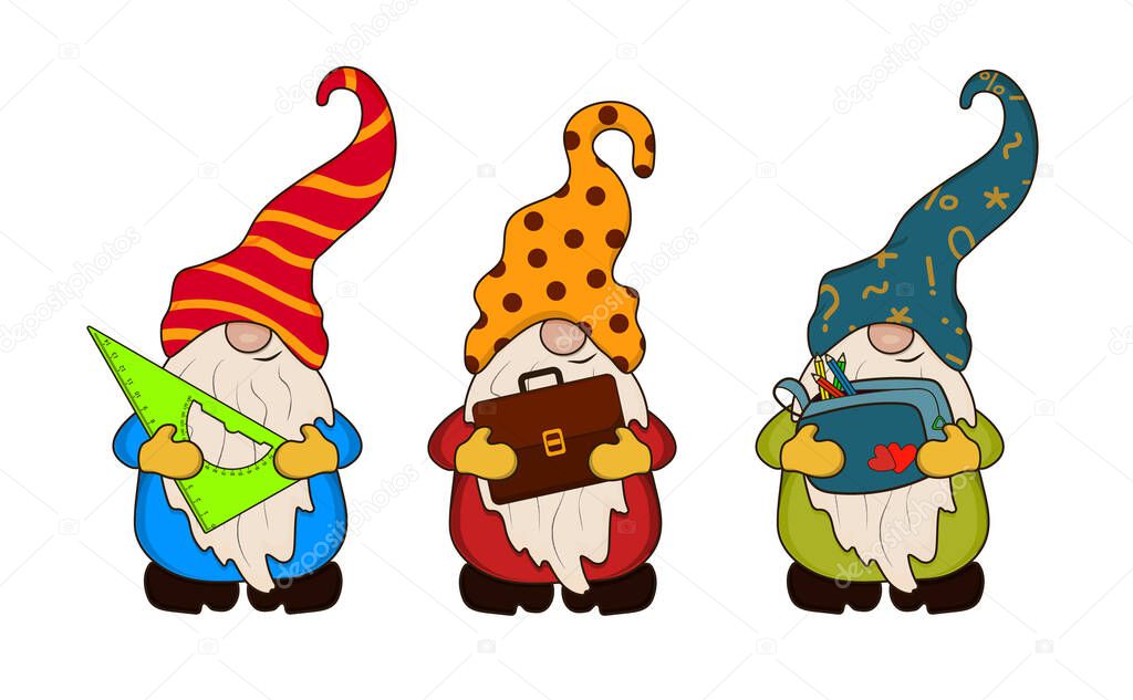 Three gnomes are holding school supplies, a ruler, a briefcase and a pencil case with pencils.