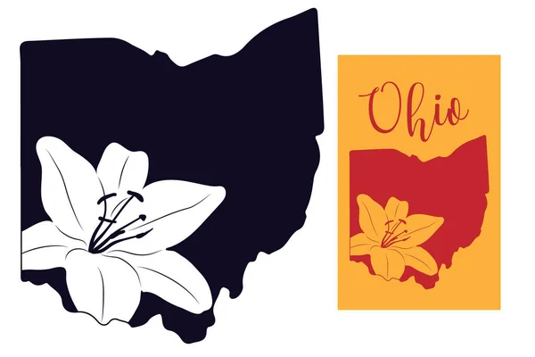 Silhouette Des Amerikanischen Bundesstaates Ohio Mit Lilienblüte Schablonenkarte Cut Und — Stockvektor