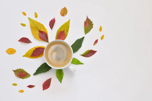 Conceptual Espresso Coffee Cup Autumn Leaves — Stock Photo, Image