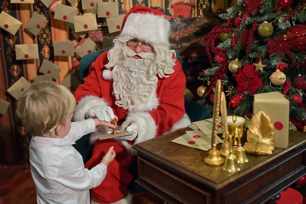 Boy Cochlear Implants Seal Letter Santa Claus New Year — Stock Photo, Image