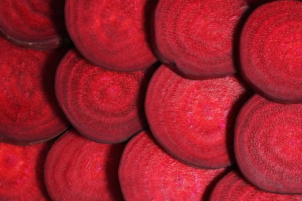 Zbliżenie Zdrowy Korzeń Buraka Czerwonego Plasterkach — Zdjęcie stockowe