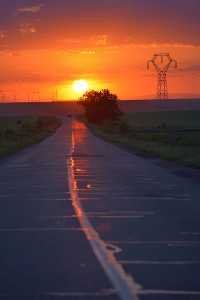 Estrada Para Pôr Sol Primavera — Fotografia de Stock