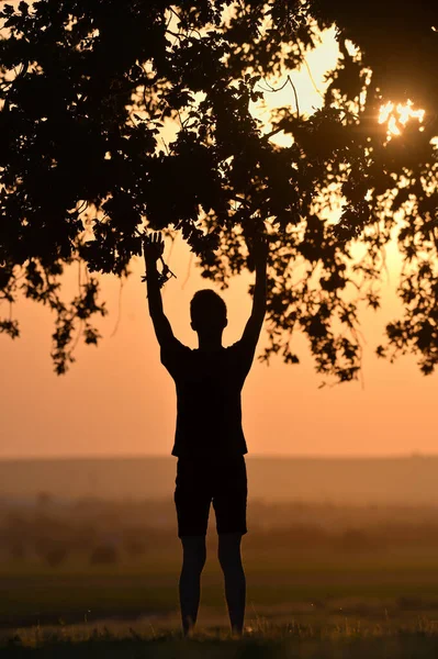 Closeup Portrait Young Man Praying Hands Sunset — Stock Photo, Image