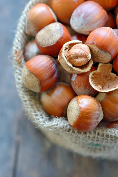 Filbert nut in burlap sack — Stock Photo, Image