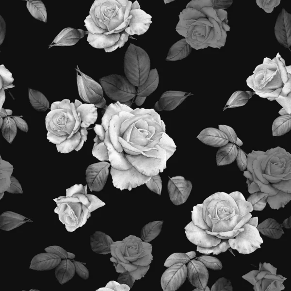 Monocromático Padrão Sem Costura Floral Com Rosas Brancas Aquarela — Fotografia de Stock