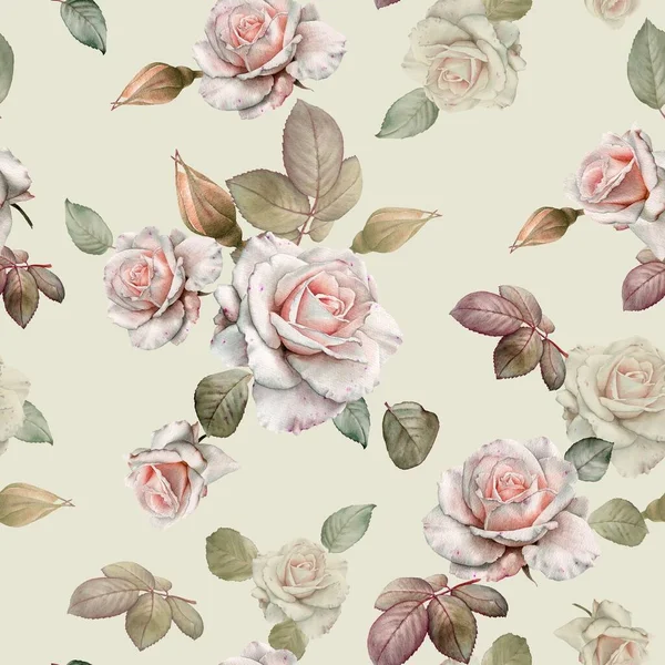 Bloemen Naadloos Patroon Met Aquarel Witte Rozen — Stockfoto