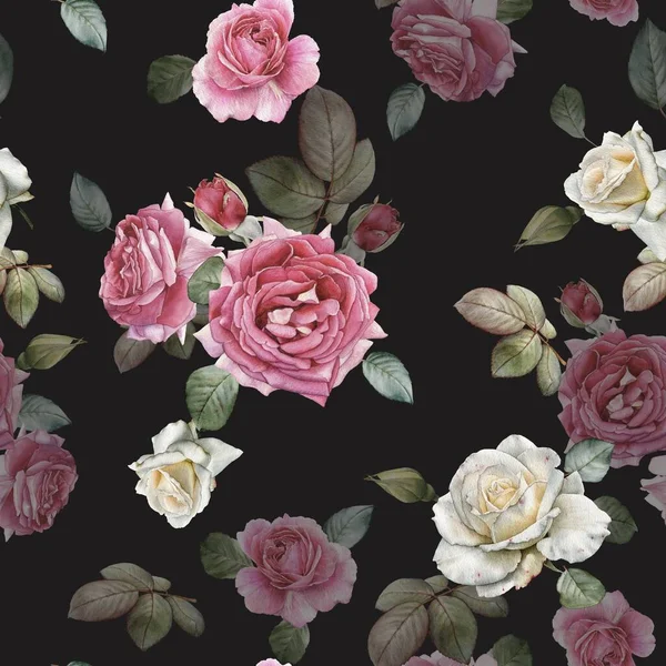 水彩缤纷的白玫瑰和粉红玫瑰的花纹无缝图案 — 图库照片#