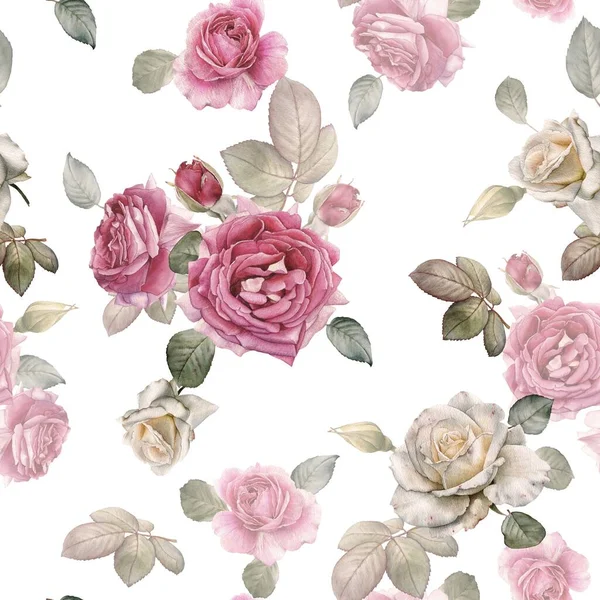 Blommigt Sömlöst Mönster Med Akvarell Vit Och Rosa Rosor — Stockfoto