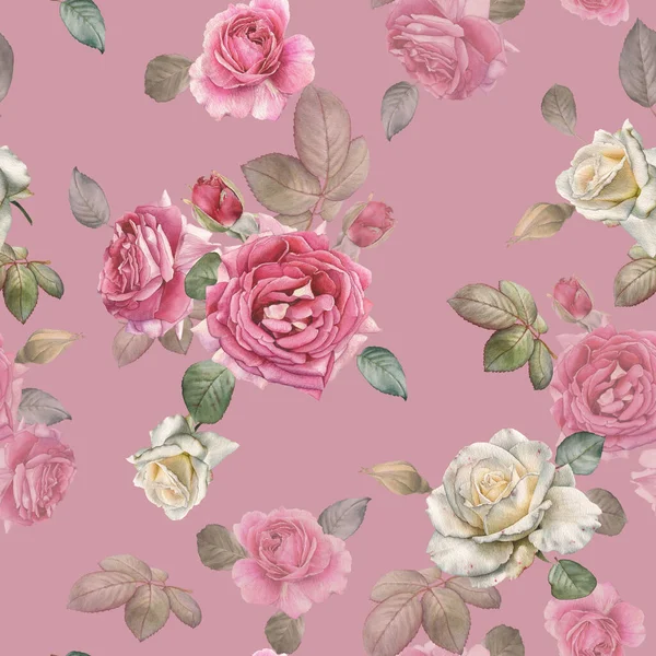 水彩缤纷的白玫瑰和粉红玫瑰的花纹无缝图案 — 图库照片#