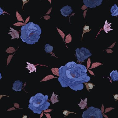 Mavi güller, kasımpatılar ve beyaz yasemin içeren dikdörtgen desenli vektör.