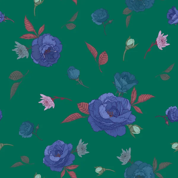 Vector Floral Seamless Pattern Blue Roses Chrysanthemums White Jasmine — Stock Vector