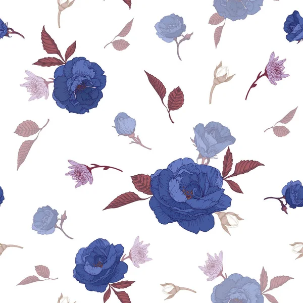 Motivo Floreale Vettoriale Senza Cuciture Con Rose Blu Crisantemi Gelsomino — Vettoriale Stock