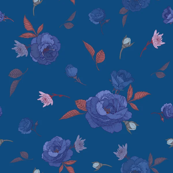 有蓝色玫瑰 菊花和白色茉莉花的病媒植物无缝图案 — 图库矢量图片#