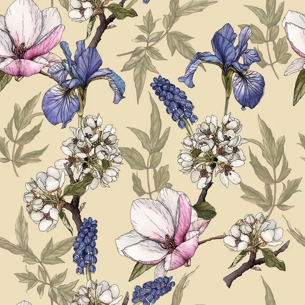 Blommigt Sömlöst Mönster Med Akvarelliris Magnolia Körsbärsblomma Och Muscari — Stockfoto