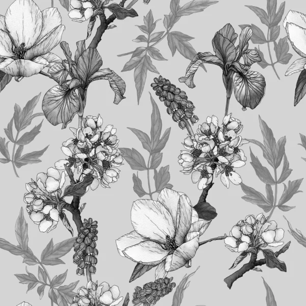 Blommigt Sömlöst Mönster Med Akvarelliris Magnolia Körsbärsblomma Och Muscari — Stockfoto
