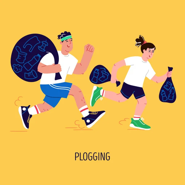 Plogging. Uomo e donna che corrono o fanno jogging all'aperto e raccolgono rifiuti. Stile di vita sano e concetto vettore di protezione dell'ecologia — Vettoriale Stock
