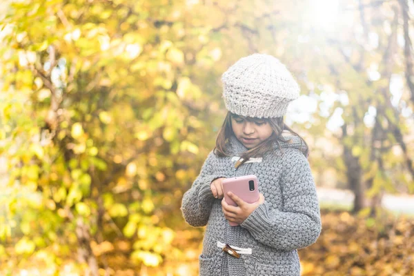 叶绿期在公园拿着智能手机的可爱小女孩 使用电话打字和拍摄黄色秋天风景的小女孩 大自然中的童年和科技概念 复制空间 — 图库照片