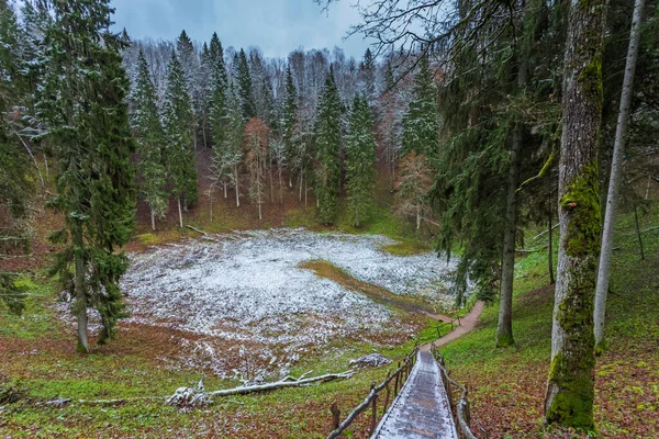 Velnio duobe nebo Ďáblova jáma, neobvyklý geologický jev, impozantní podzemní dutina, která se nachází v Aukstadvaris Regional Park v Litvě. — Stock fotografie