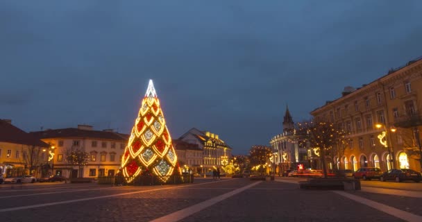 Luces de Navidad y árbol de Navidad, timelapse en Vilnius, Lituania — Vídeo de stock