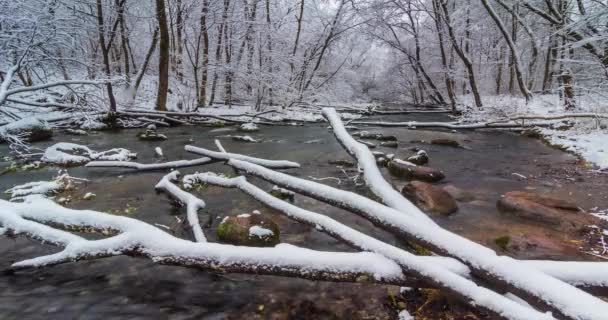 4k在大雪的寒冷冬日，河流流过的时间 — 图库视频影像