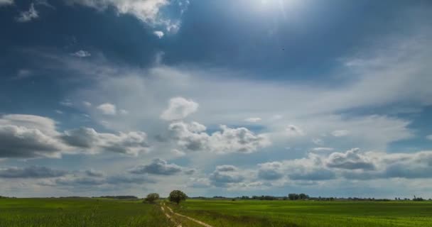 Временной промежуток. Белые облака быстро движутся по синему небу над зелеными полями. — стоковое видео