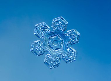 Mavi arka planda doğal kar tanesi kristali.