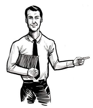 Adam sağ tarafı gösteriyor. Mürekkep siyah beyaz çizim