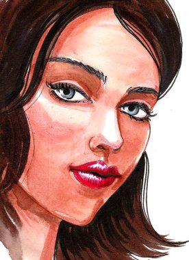 Güzel kadın yüzü. Mürekkep ve suluboya çizim